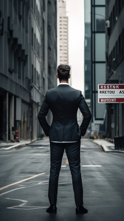 Back view of young businessman with hands on hips looking at road signの素材