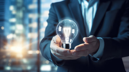 Businessman holding glowing light bulb in his hands. Idea concept.の素材