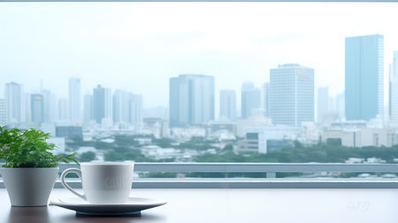 Coffee cup and plant on the window with cityscape backgroundの素材