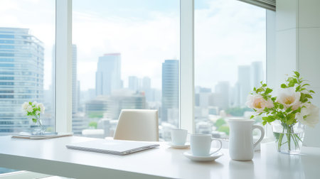 Coffee cup on table with city view background, stock photoの素材
