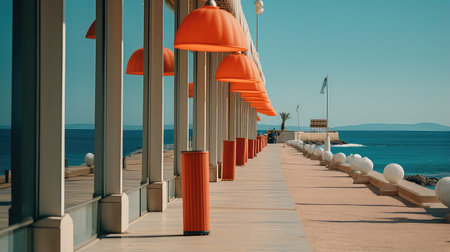 Beautiful summer seascape with orange umbrellas on the pierの素材