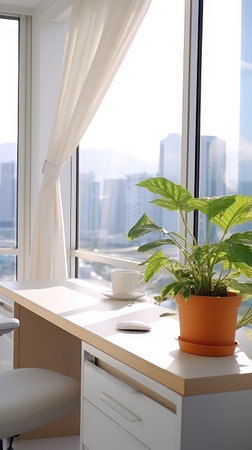 Workplace with cup of coffee and plant on table in modern officeの素材