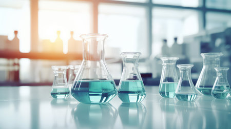 Laboratory glassware with blue liquid, science research and development conceptの素材