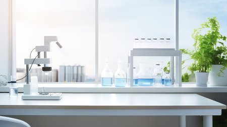 Laboratory glassware with liquid in laboratory. 3d rendering.の素材