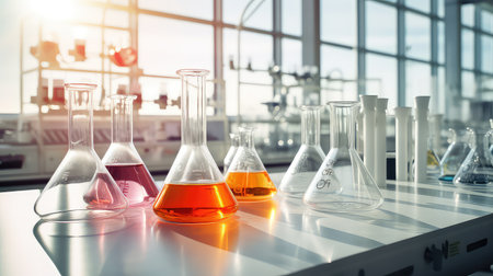 Laboratory glassware with colored liquid on the table, science backgroundの素材
