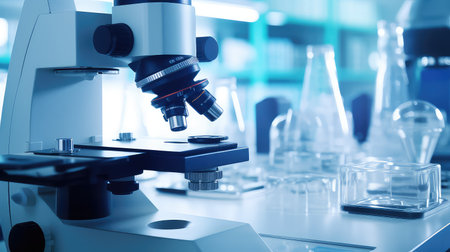 Laboratory glassware and microscope, science research and development concept.の素材