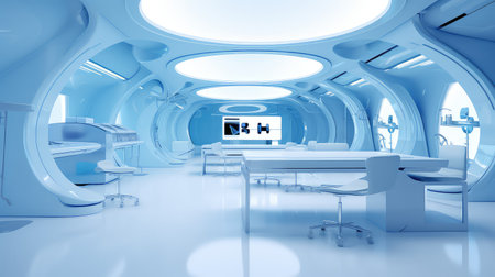 3d rendering of modern medical office interior with blue wall and ceilingの素材