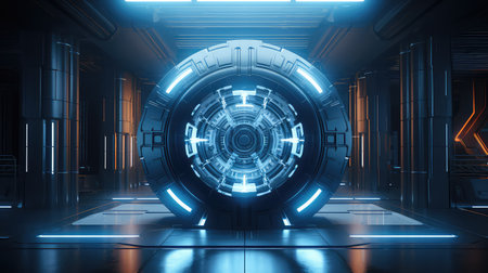 3D rendering of a futuristic space station corridor with neon lights.の素材