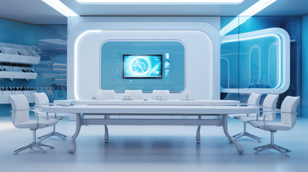 3D rendering of a modern conference room with a blue wall and white chairsの素材