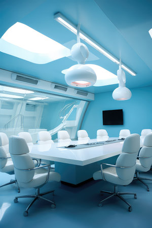 Interior of a modern conference room with blue walls and white chairsの素材