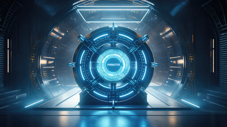 Dark futuristic spaceship interior with glowing HUD interface. 3D Renderingの素材