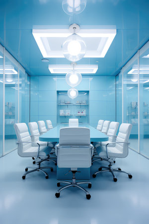 Interior of modern conference room with blue walls and rows of white chairsの素材