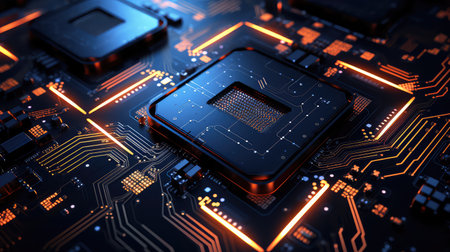 Circuit board close-up. Technology background. 3d renderingの素材