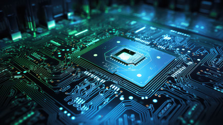 Close up of electronic circuit board. Technology concept. 3D Renderingの素材