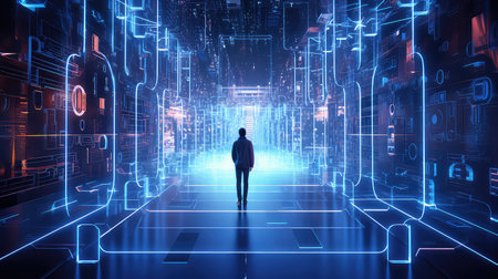 Rear view of businessman standing in futuristic room. Technology concept. 3D Renderingの素材