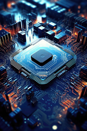 Close up of electronic circuit board. Technology background. 3D renderingの素材