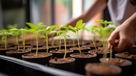 Young seedlings of pepper in peat pots. Selective focus.の素材
