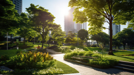 beautiful city park in the evening with sunbeams and lens flareの素材