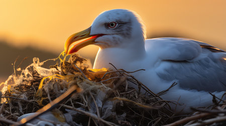 European herring gull (Larus argentatus) in a nest at sunsetの素材