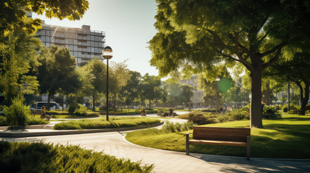 City park with green trees and benches in the early morning sun.の素材