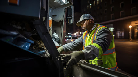 Front view of african american male worker cleaning truck at nightの素材