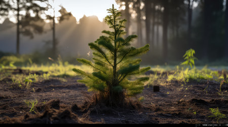 Small pine tree growing in the forest at sunrise. 3D renderingの素材