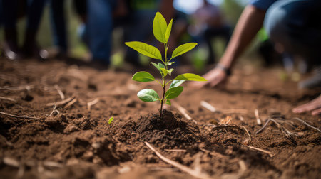 Plant tree seedling growing on fertile soil, ecology concept.の素材