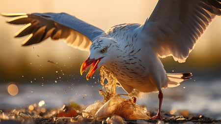 Seagull catching a fish in the sea at sunset, close-upの素材
