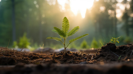 Green seedling growing from soil in the morning light. Concept of nature conservation.の素材