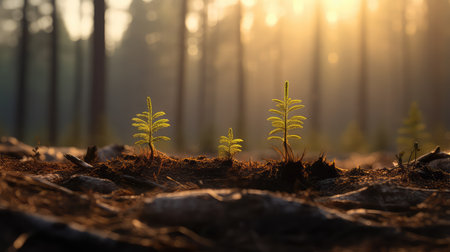 Small plant growing in the forest at sunrise. New life concept.の素材