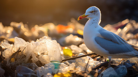 Seagull on the beach in the evening with plastic waste.の素材