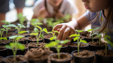 Little girl planting seedlings in plastic pots. Selective focus.の素材