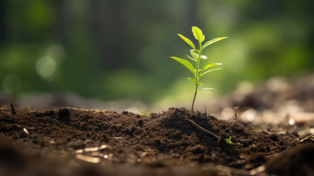 Young plant growing in soil with bokeh background, Ecology conceptの素材