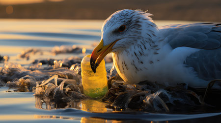 A seagull eating a fish in the water at sunset.の素材