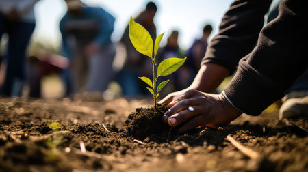 Close-up of a person planting a tree in the ground.の素材