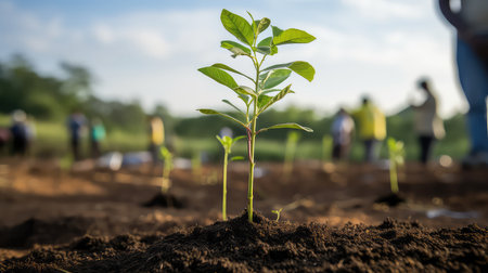 Green seedling growing on fertile soil with blurred group of people backgroundの素材