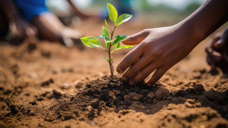 Close up of african american child planting tree in the groundの素材