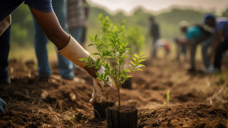 Plant seedlings in the ground with the help of a farmerの素材