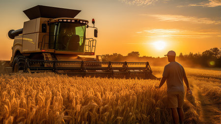 Combine harvester working on a wheat field at sunset.の素材