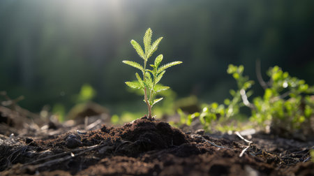 Green sprout growing from soil on nature background. Ecology concept.の素材