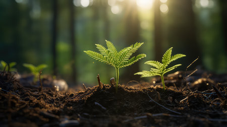Young green plant growing in the forest with sunlight. Nature concept.の素材
