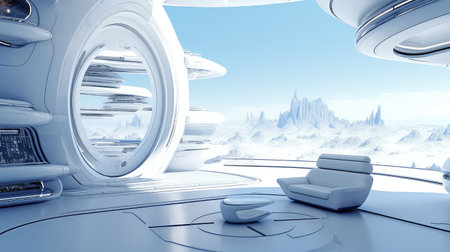 3D rendering of a futuristic space station with a lot of planetsの素材