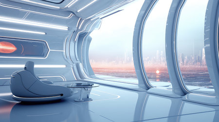 Spaceship interior with skates and city view 3D renderingの素材