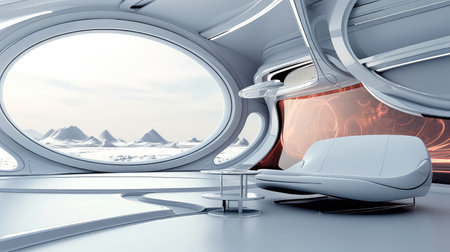 Futuristic spaceship interior with window view on snowy mountains. 3D renderingの素材