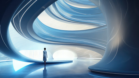Businesswoman in modern interior looking at futuristic architecture. 3D renderingの素材