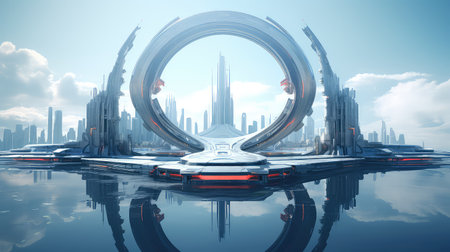 Futuristic city in the form of an infinity symbol. 3D renderingの素材