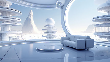 3D rendering of a futuristic living room with a view of the mountainsの素材