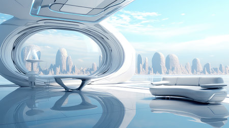 Futuristic interior. Futuristic room with panoramic city view. 3D renderingの素材