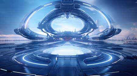 3D rendering of futuristic city with futuristic architecture and blue neon lightsの素材