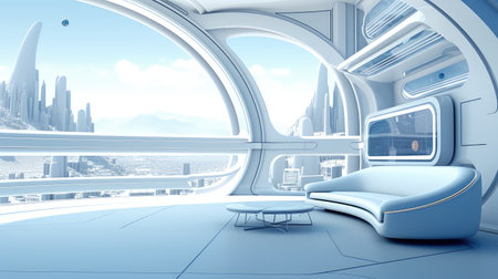 Sci-fi futuristic interior with sofa and city view. 3D renderingの素材